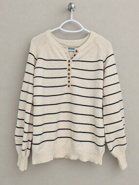 Boutique Cream Navy Striped Henley Knit Sweater Long Sleeve Relaxed Fit M